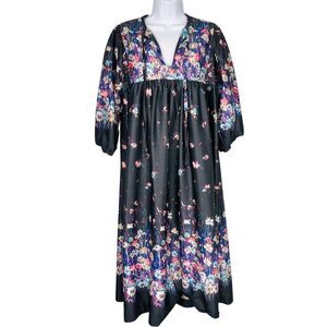 Vintage 70s House Dress Womens L Black Floral Polyester